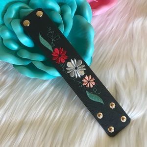 Faux Leather Embroidered Wristband - Black